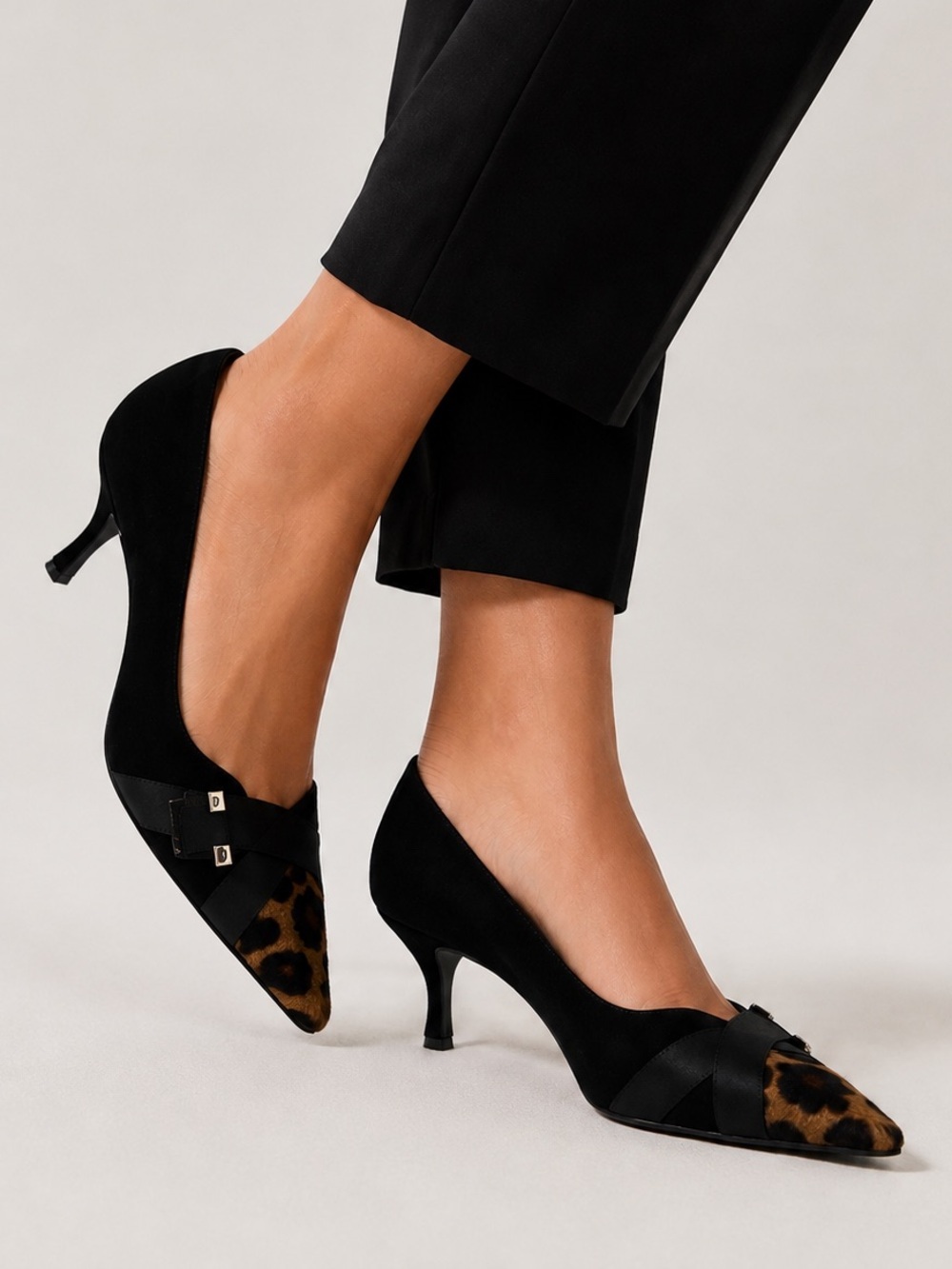Stuart Weitzman Black Suede Pointed Kitten Heels with Leopard Toe
